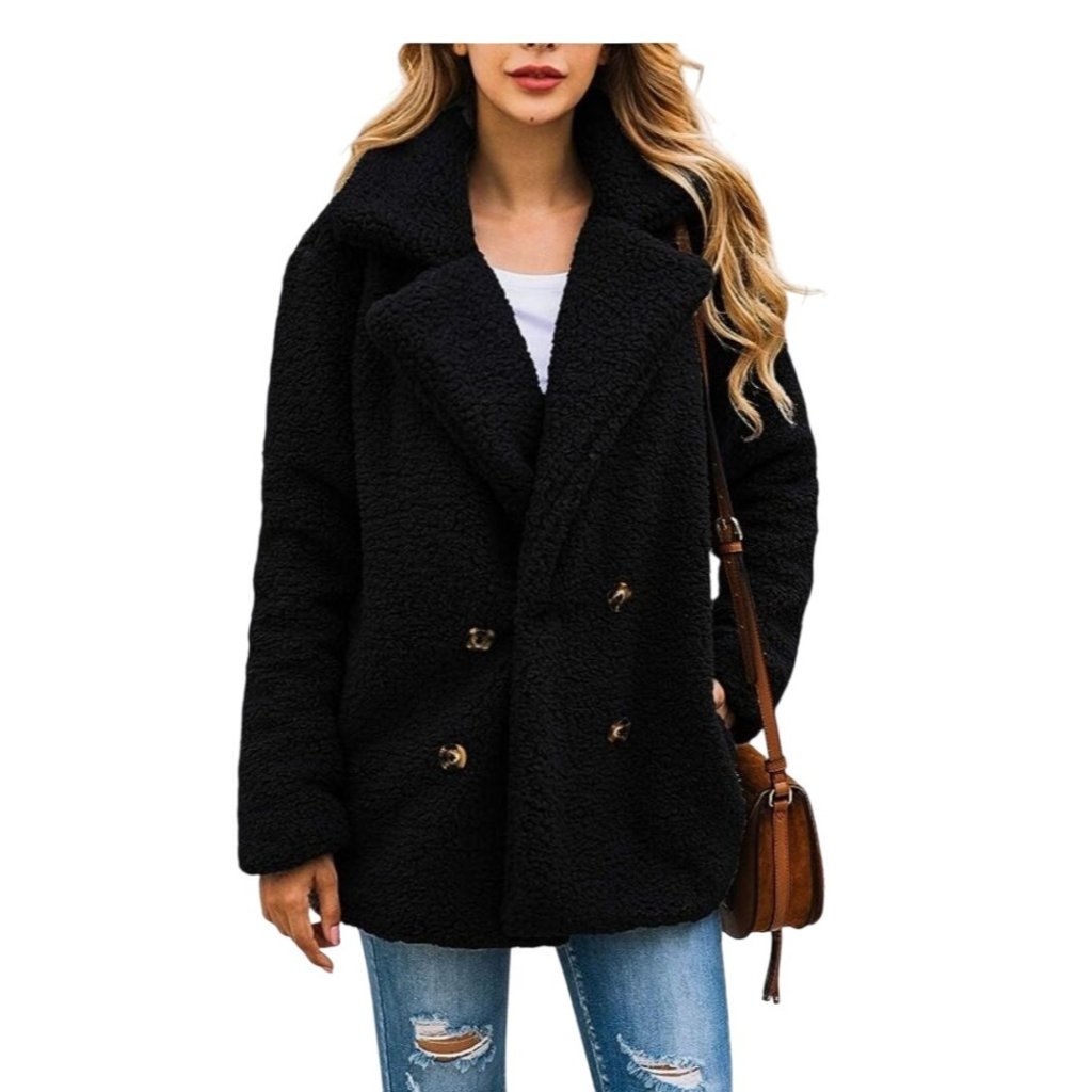 Pretty Garden Cozy Womens Double-Breasted Black Shacket Coat Size Small Warm